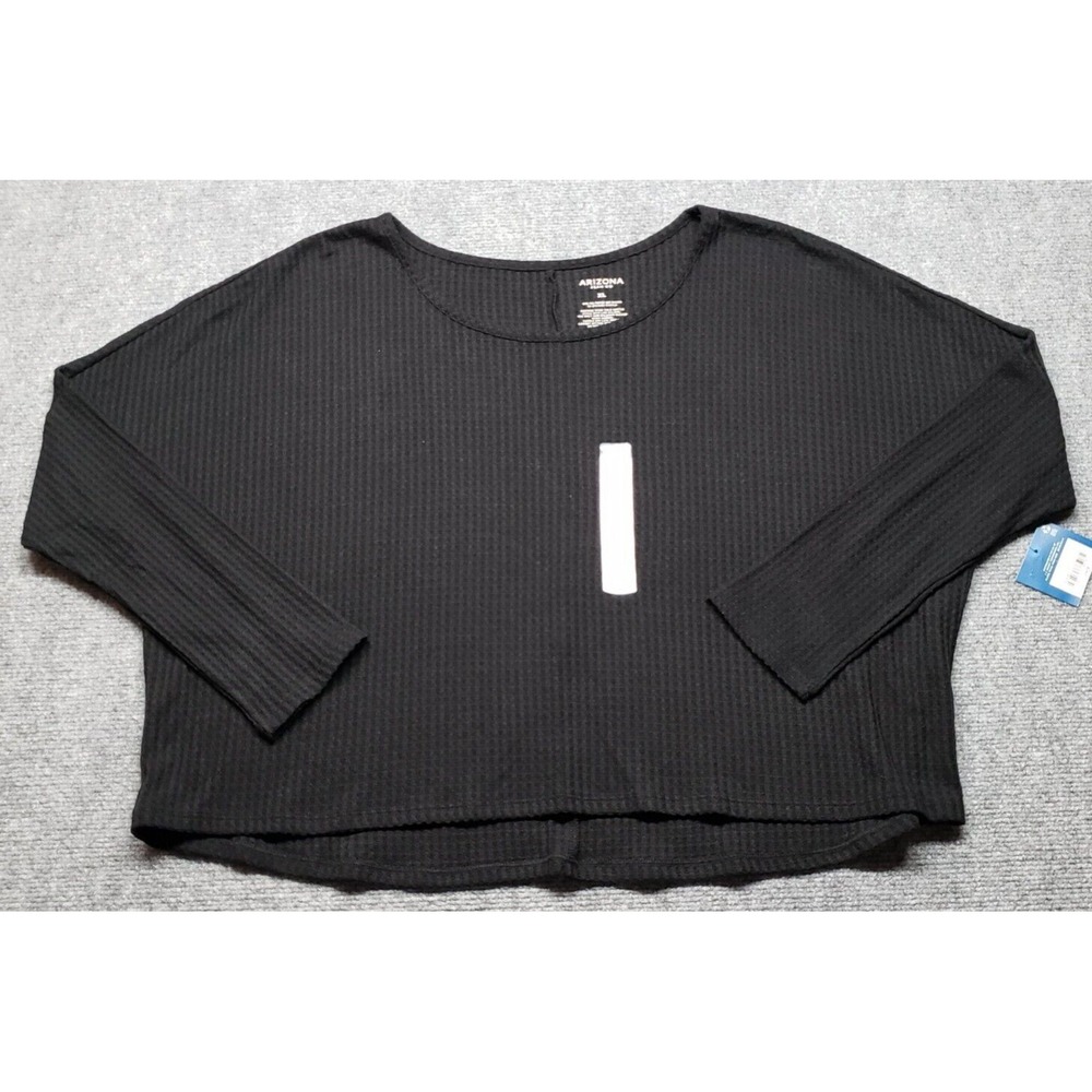 Arizona Jean Co Blouse Womens XL Black Solid Crop Top 3/4 Sleeve Round Neck New